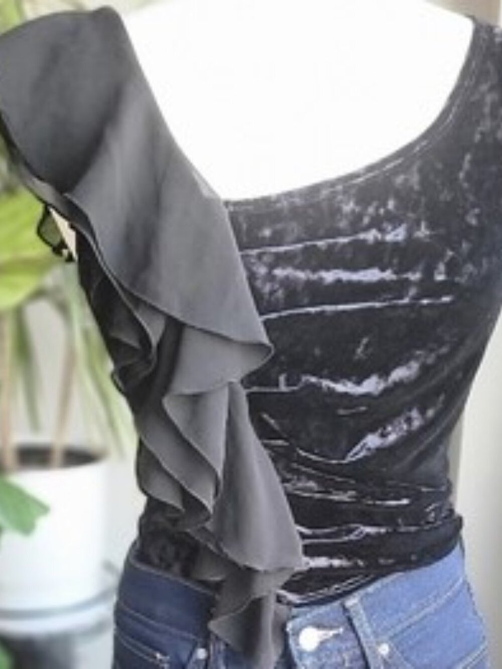 BCX Black Crushed Velvet One-Shoulder Top with Tiered Ruffle